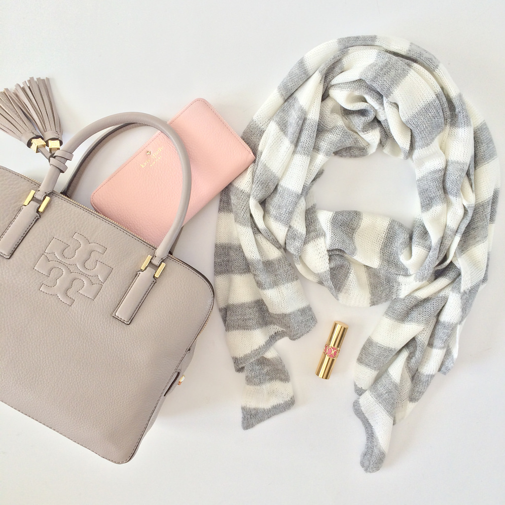 Tory Burch Thea Satchel and F21 Grey Striped Scarf