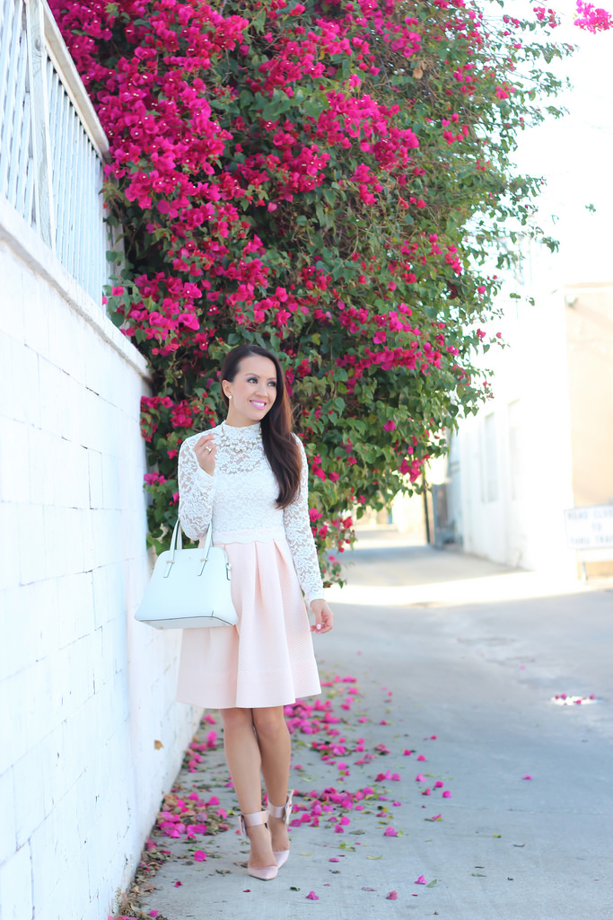 White Scalloped Lace Top, Blush Pleated Skirt and Blush Bow Pumps-6