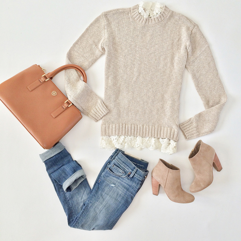 Outfit Layout - Forever 21 lace hem sweater and Tory Burch mini Robinson