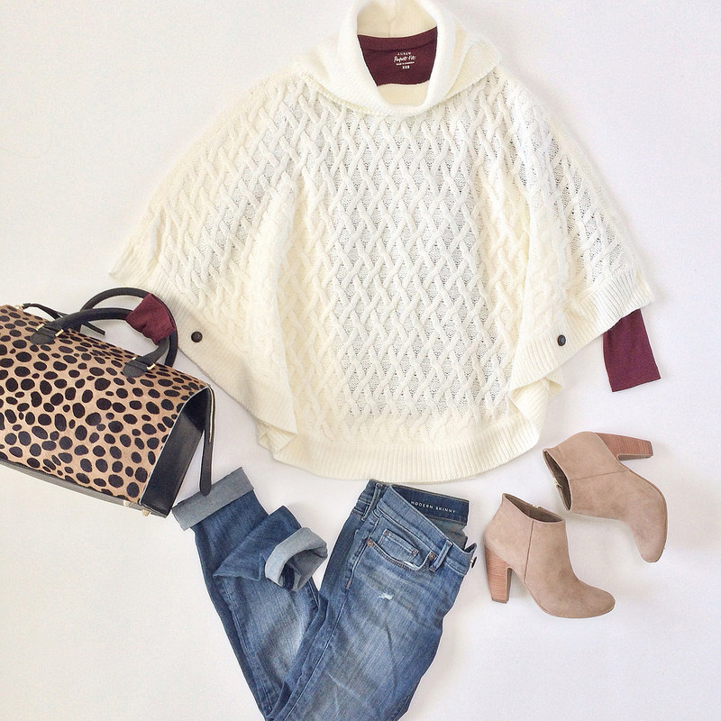 Outfit Layout - Forever 21 Cable knit poncho, Clare V sandrine satchel, Loft distressed denim
