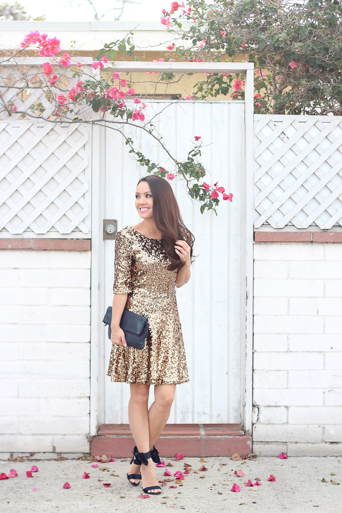 Ann Taylor Jackie Bow Sandals, French Connection Ozlem Sequin Fit & Flare Dress, New Years Eve Holiday outfit
