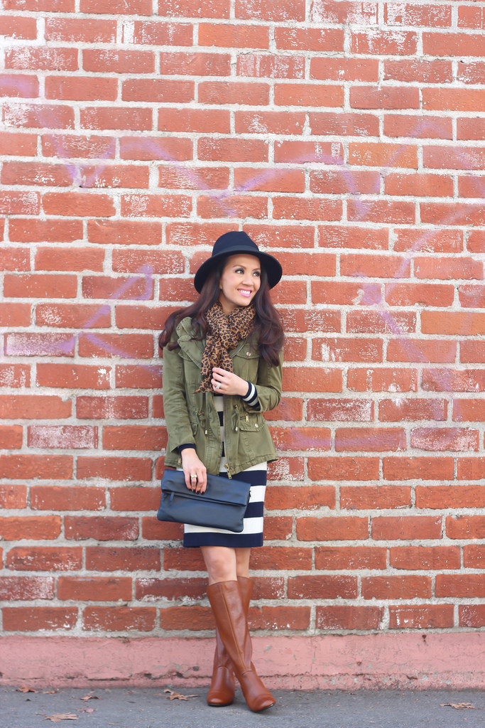 Utility Jacket, Striped Sweater Dress and Leopard Scarf