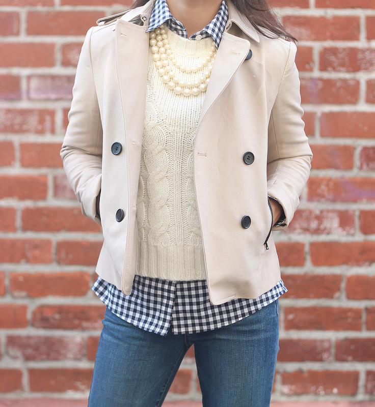 Cropped Cable Sweater, Petite Gingham Shirt, Paige Denim Verdugo Cropped Jeans and Cropped Trench Coat - Stylish Petite
