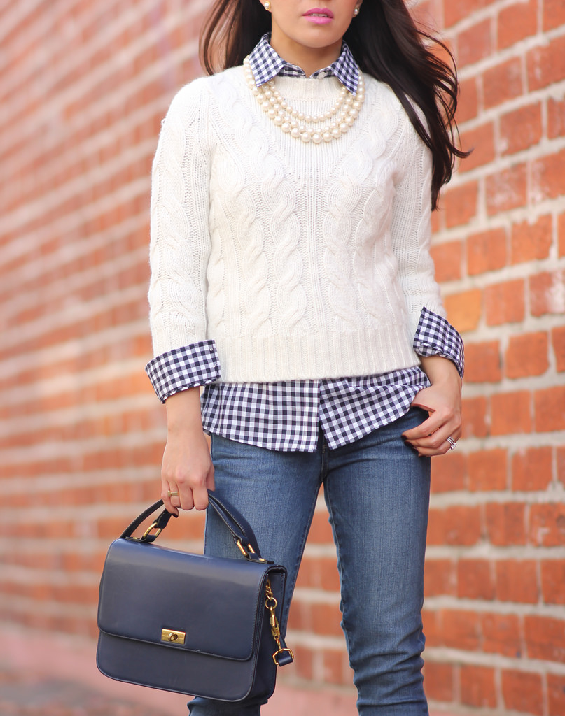 Cropped Cable Sweater, Petite Gingham Shirt, Paige Denim Verdugo Cropped Jeans and Cropped Trench Coat - Stylish Petite-9