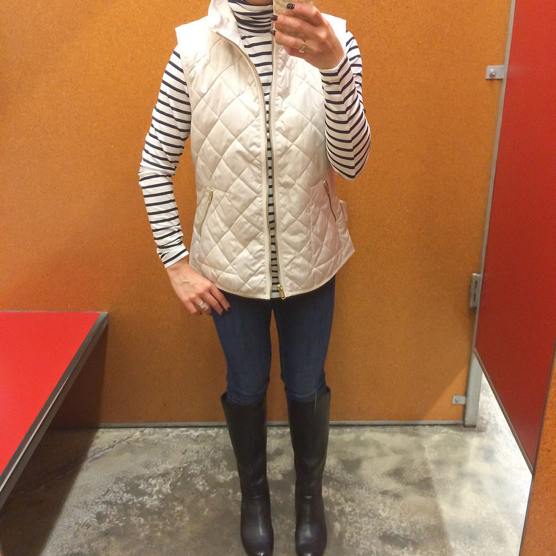 Fitting Room - Old Navy quilted vest, jersey striped turtleneck and cable knit poncho