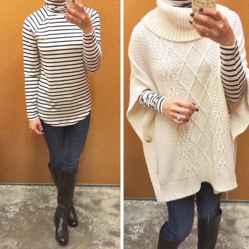 Fitting Room - Old Navy quilted vest, jersey striped turtleneck and cable knit poncho