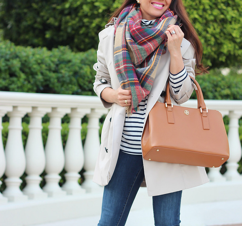 Burberry Monttram Trench Coat and Plaid Blanket Scarf
