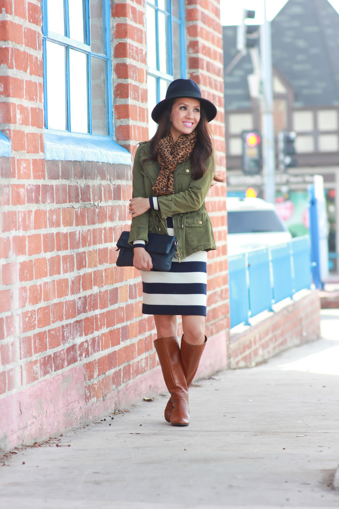 Utility Jacket, Striped Sweater Dress and Leopard Scarf