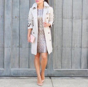 sequin dress burberry trench coat new years eve outfit idea