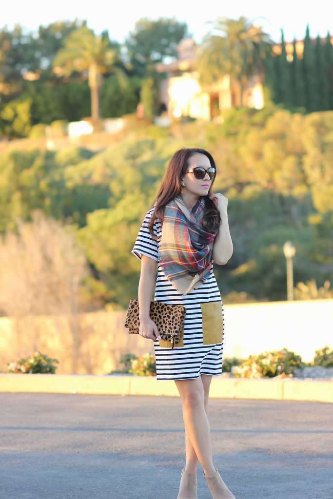 Sheinside striped tee dress w-faux leather pockets and Plaid Blanket Scarf