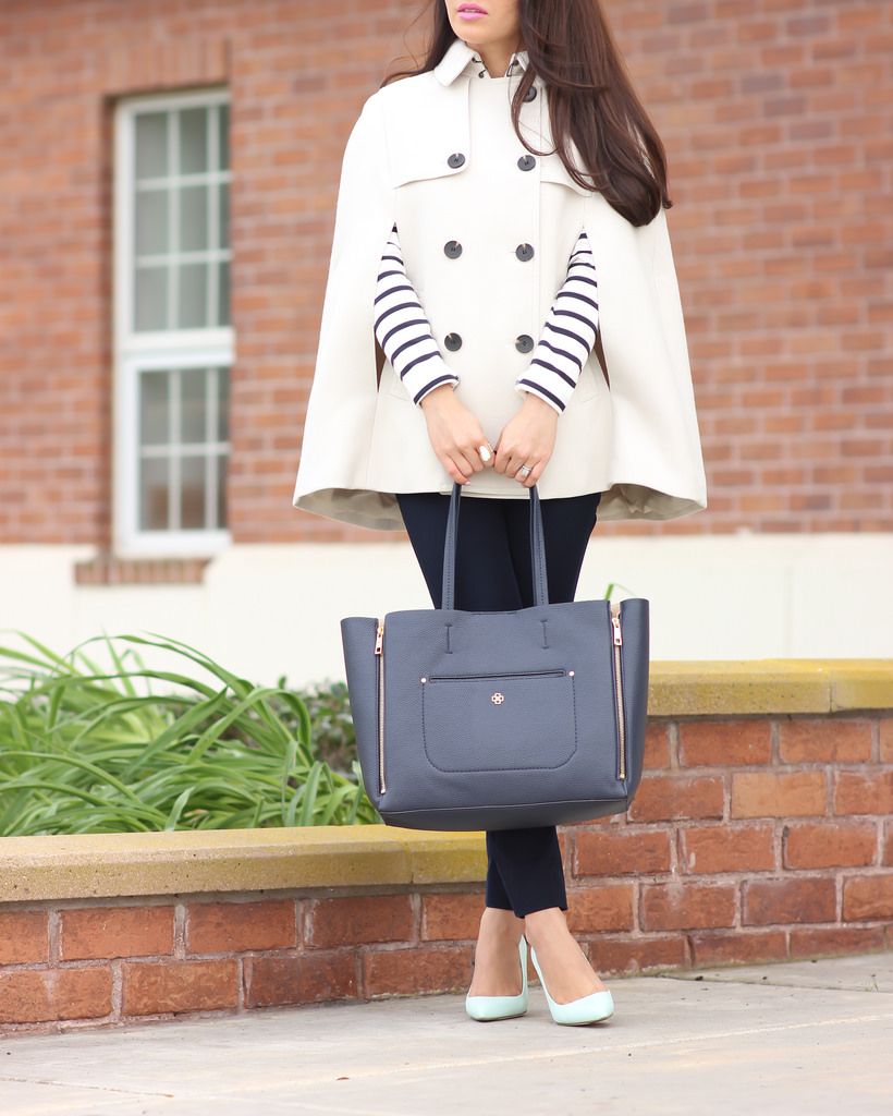Ann Taylor Petite Trench Cape, Ann Taylor Stripe Shoulder zip cotton top, J.Crew Elsie Mint Pumps, Banana Republic Sloan Ankle Navy Pants and Ann Taylor Signature Pebbled Tote in Navy