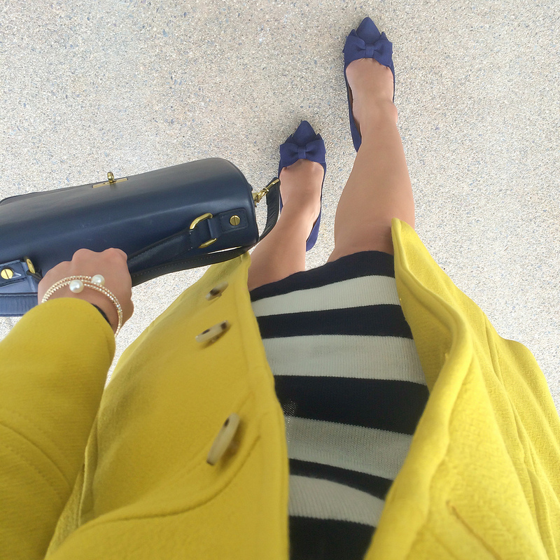FWIS - striped sweater dress, J.Crew chartreuse lady day coat and navy bow pumps