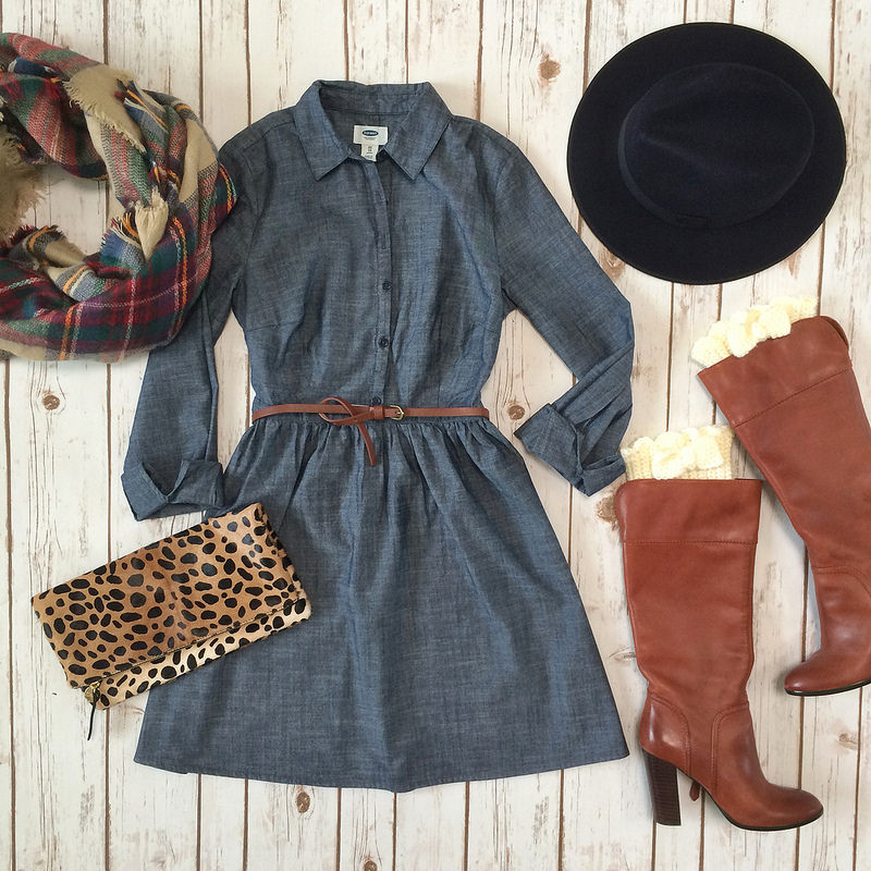 Old Navy chambray dress cognac boots Clare V leopard foldover clutch boot socks plaid blanket scarf