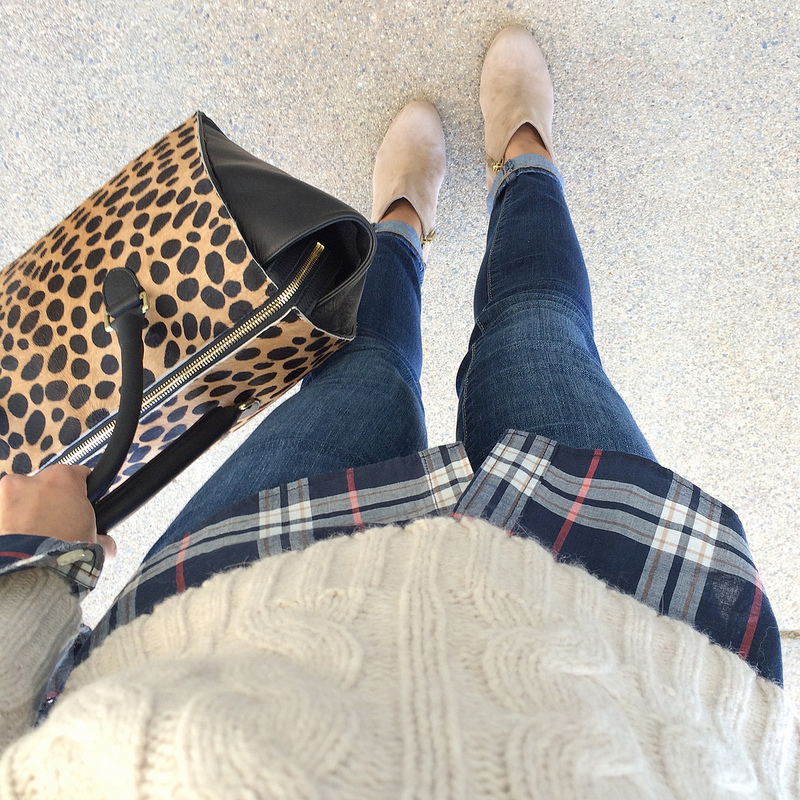 FWIS - Old Navy jeans, suede booties, plaid shirt, cable knit sweater and Clare V Sandrine satchel