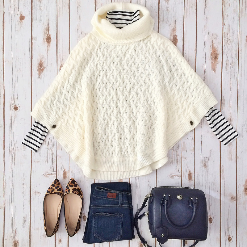 Old Navy striped jersey turtleneck Forever 21 cable knit poncho Jcrew leopard flats Paige Denim verdugo jeans Tory Burch mini Robinson