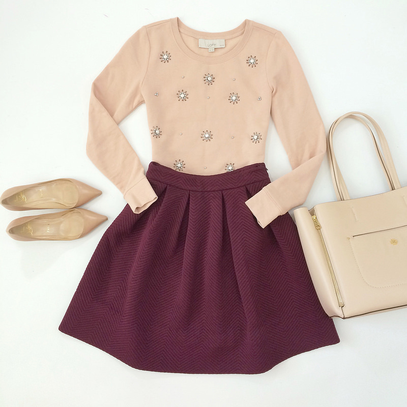 Loft embellished sweatshirt Ann Taylor signature pebbled tote nude pigalle louboutin pumps Forever 21 burgundy pleated skirt