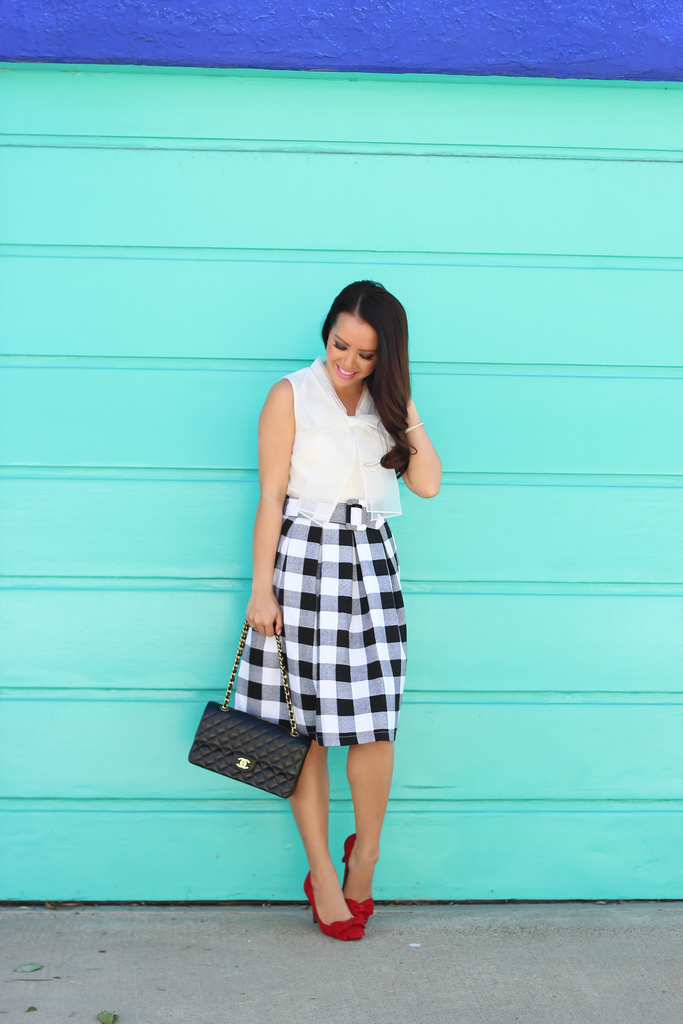 Chicwish Check and Pleats belted midi skirt and Bowknot Organza Sleeveless Top