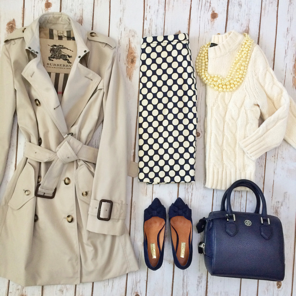 Outfit Layout - Burberry Trench coat, Polka Dot pencil skirt, cable knit cropped sweater, navy bow pumps