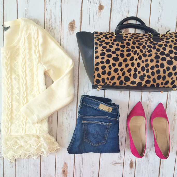 lace dipped sweater leopard cheetah purse AG petite jeans hot pink suede pumps