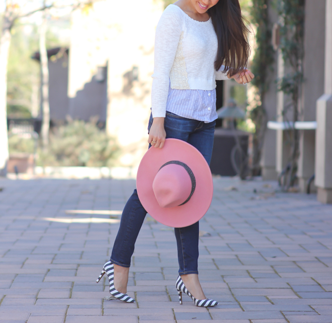 casual outfit petite jeans layered crop top sweater pink hat striped pumps