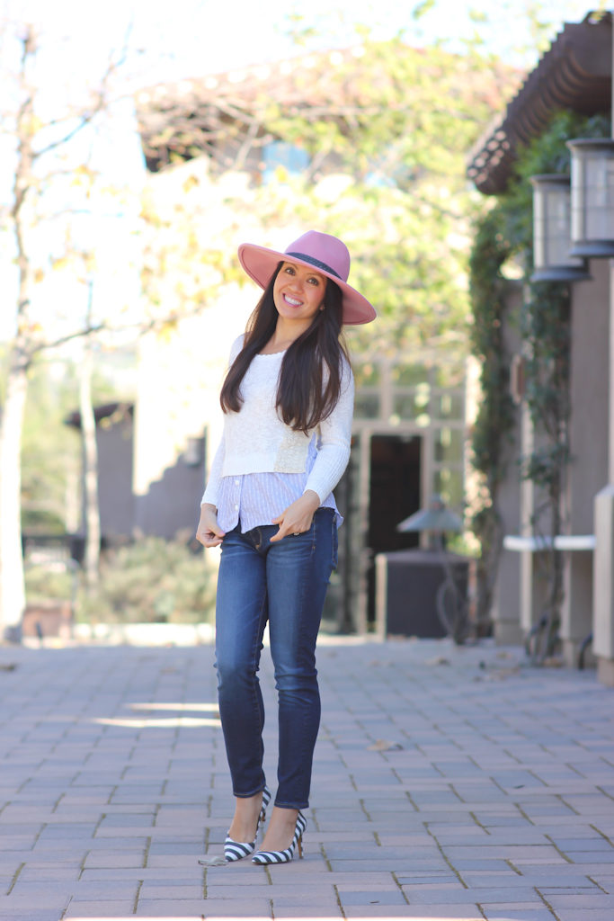 petite casual outfits AG stevie denim striped pumps pink hat anthropologie petite clothes