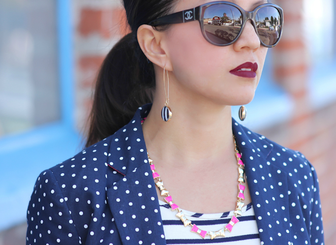 striped earrings bold red lips bow necklace polkadot blazer chanel sunglasses