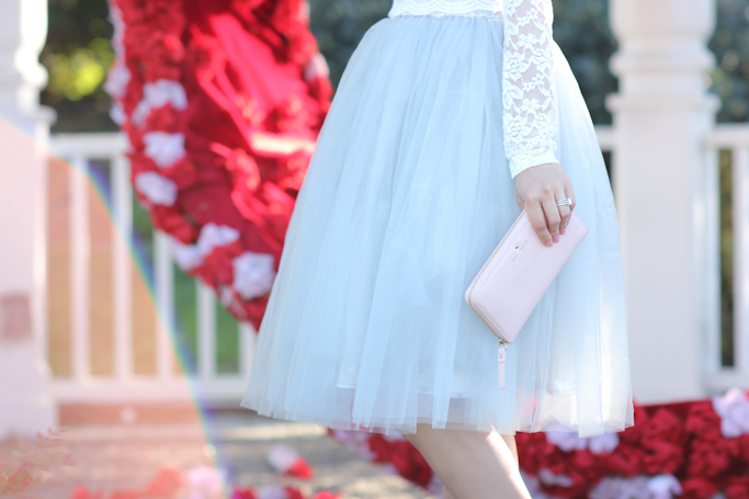 Kate Spade pink wallet grey tulle skirt lace crop top