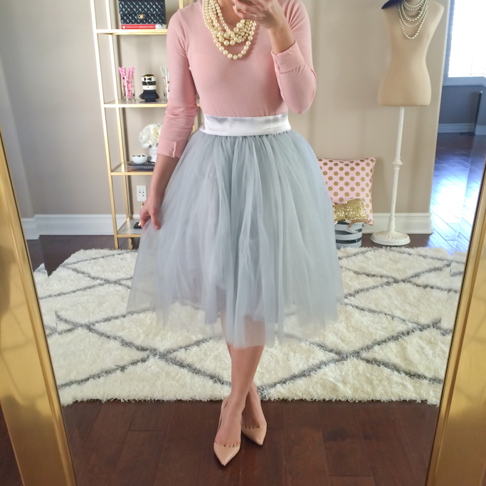 grey tulle skirt petite tulle skirt blush tissue tee christian louboutin pigalle pumps multi-strand pearl necklace