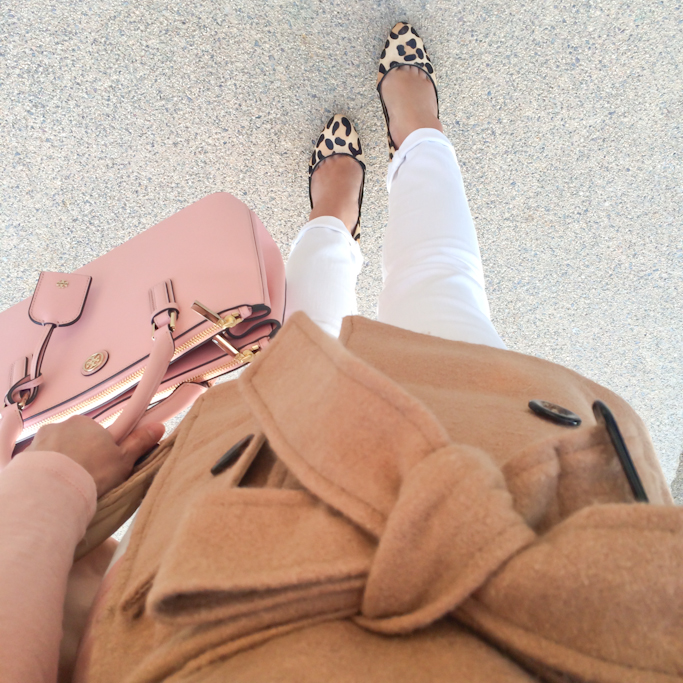petite camel cape pink Tory Burch purse leopard pumps petite white jeans