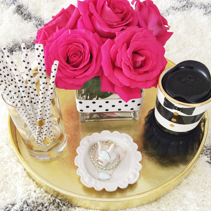 Anthropologie nestled ring dishgold tray polkadot glass cup kendra scott opal jewelry fresh roses ribbon around vase home decor