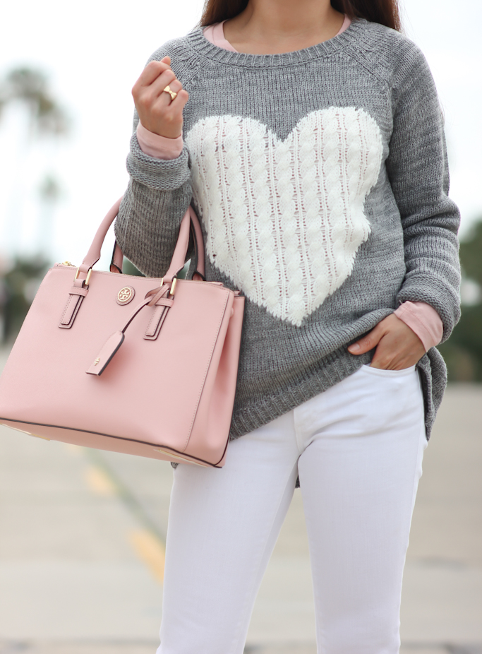 pink Tory Burch purse petite white jeans heart sweater pink tee bow pumps