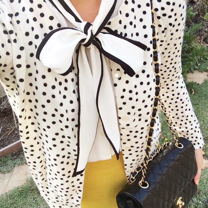 Chanel medium flap purse bow neck top polkadot sweater