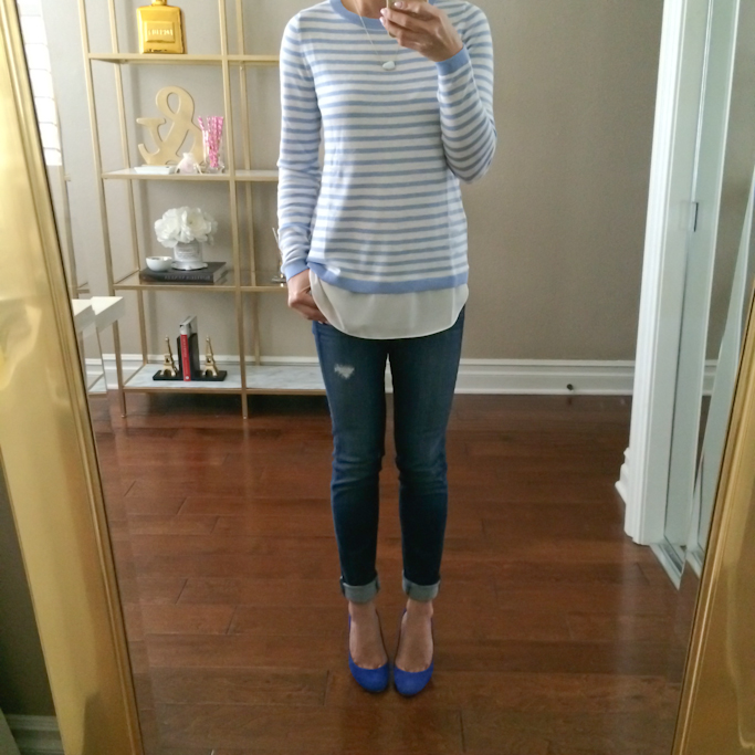 Casual outfit blue suede pumps two in one sweater Kendra Scott opal necklace