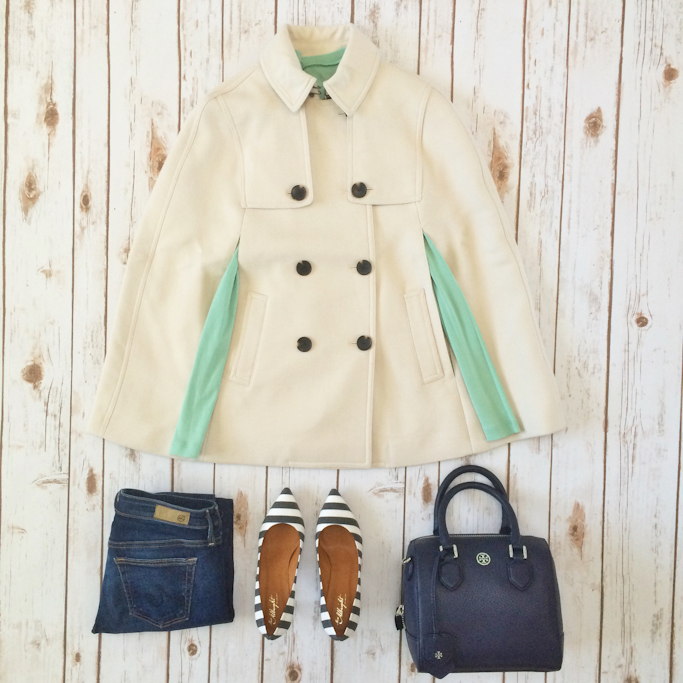 trench cape, striped pumps, navy bag, mint tee