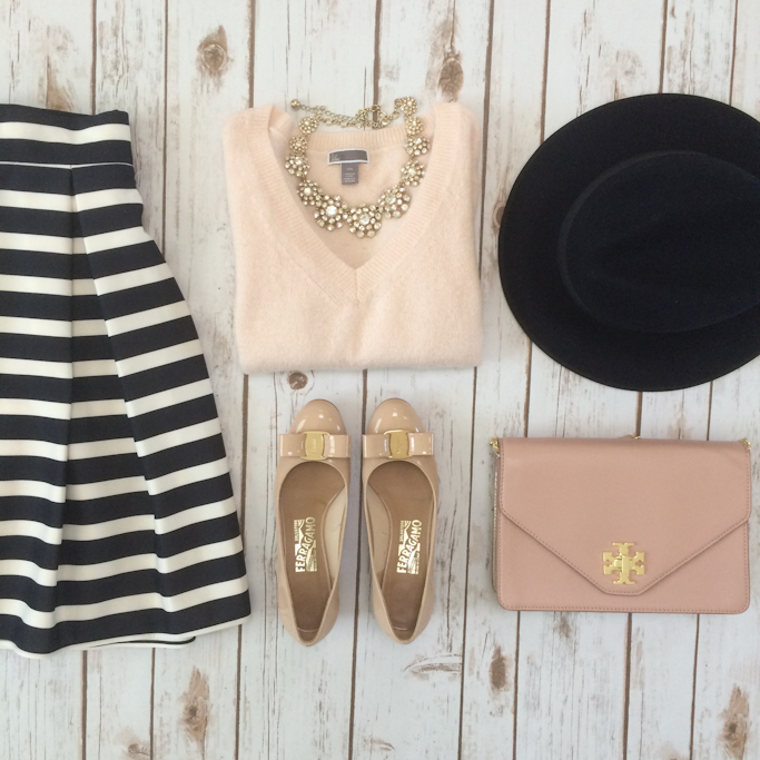 striped skirt statement necklace Ferragamo blush bow vara flats
