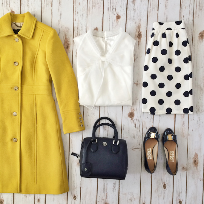 Ferragamo vara flats  chartreuse mustard coat bow top polkadot skirt
