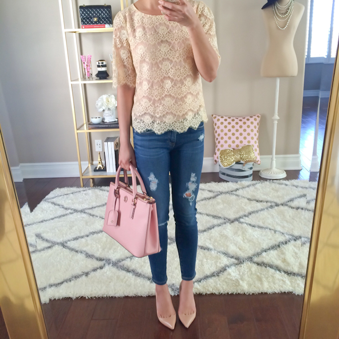 louboutin nude pumps pink tory burch robinson purse scalloped lace top distressed petite jeans