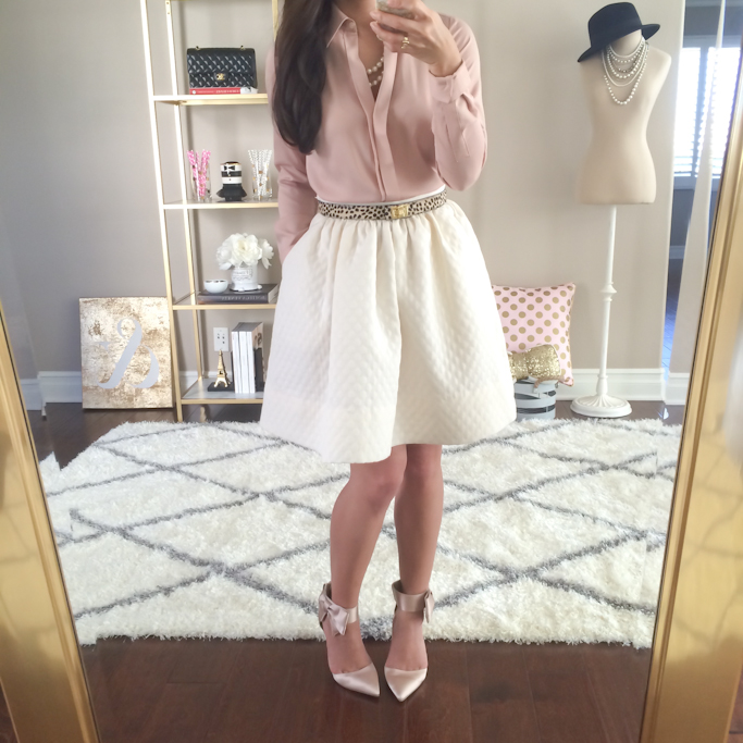 bow heels blush blouse white flared skirt leopard belt