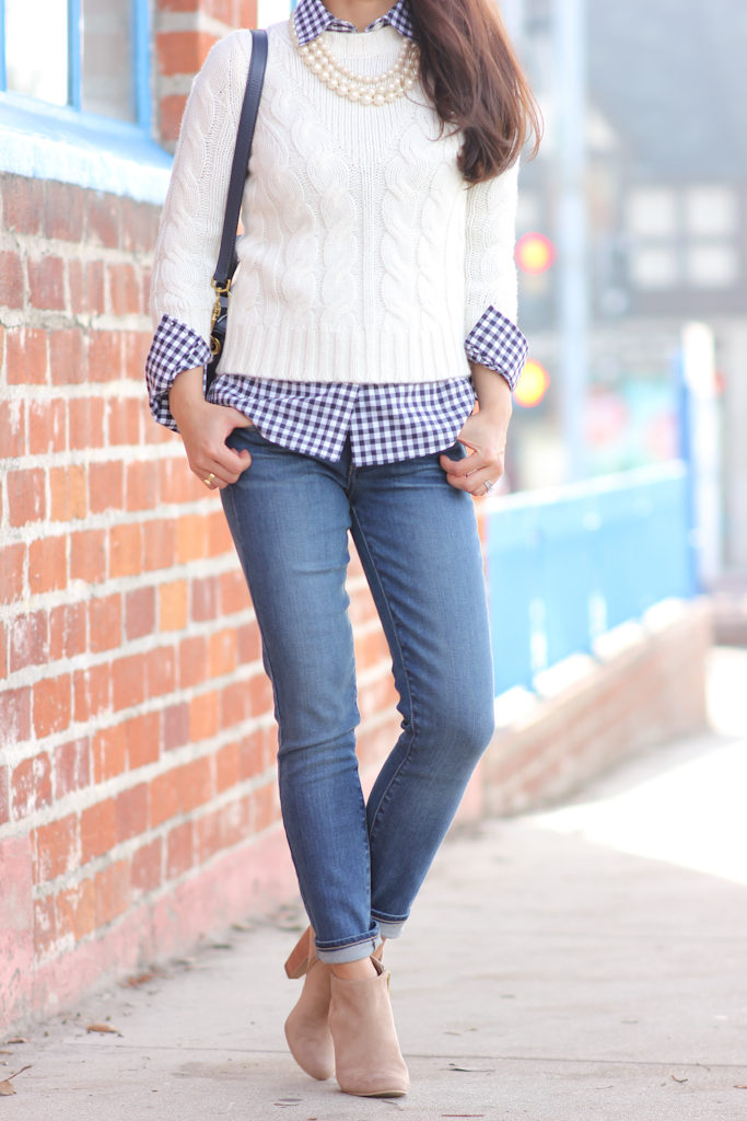 Ann Taylor cropped cable sweater Petite gingham shirt suede ankle booties Jcrew navy edie bag Paige Denim Verdugo crop jeans