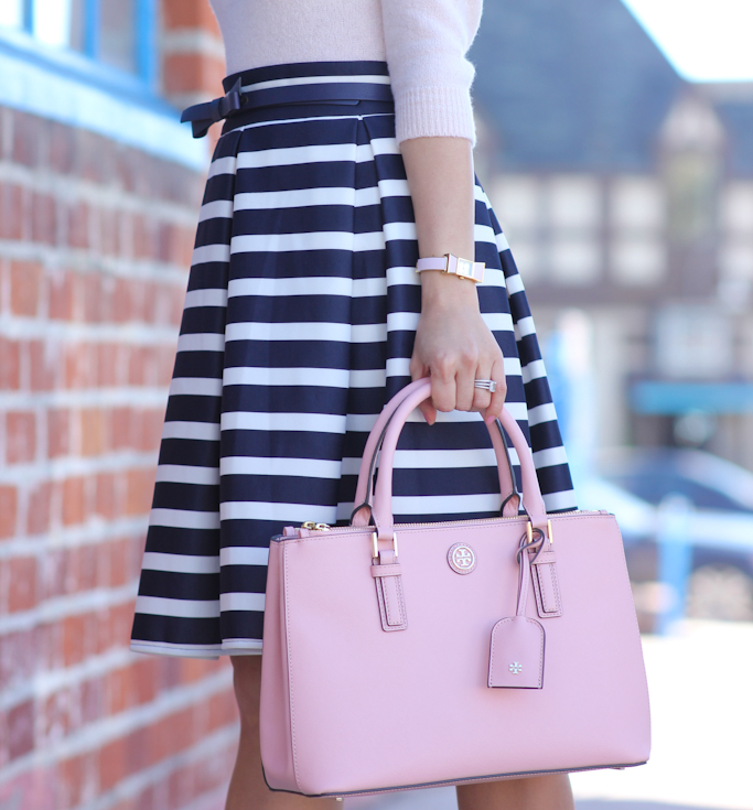 navy striped skirt pink v-neck sweater kate spade new york bow belt tory burch mini robinson double zip tote rose sachet nude pumps 