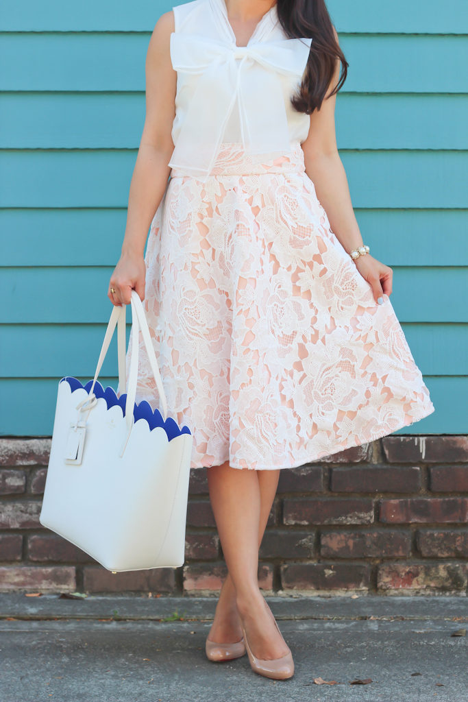 Chicwish lace midi skirt Kate Spade lily avenue scalloped tote bowknot organza top nude louboutin pumps