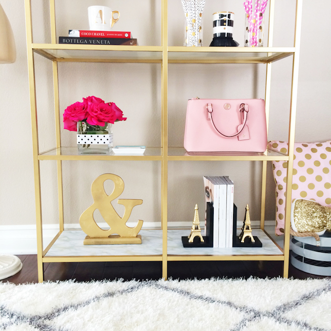 DIY Gold and marble shelves Ikea gold shelves hack gold ampersand eiffel tower bookends 