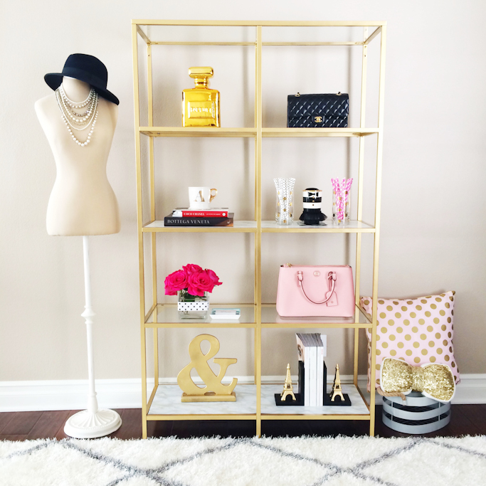 DIY Gold and marble shelves Ikea gold shelves hack gold ampersand eiffel tower bookends gold sequin pillow 