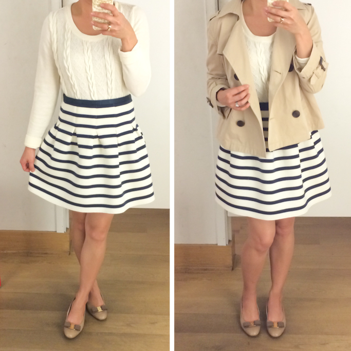 Gap stripe flared skirt vintage Ferragamo vara shoes Anthropologie lace dipped pullover Forever 21 cropped trench coat