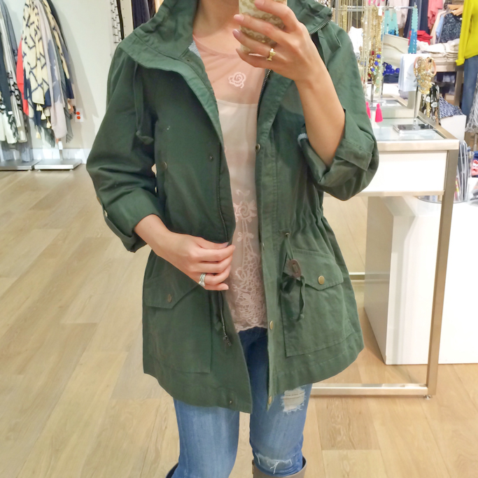 Loft anorak petite jacket olive green AG distressed skinny jeans Forever 21 blush lace top