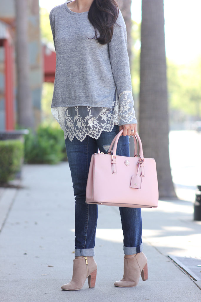 Grey Long Sleeve Lace Hem Sweater Loft distressed modern jeans Suede Ankle Booties Tory Burch pink mini Robinson purse