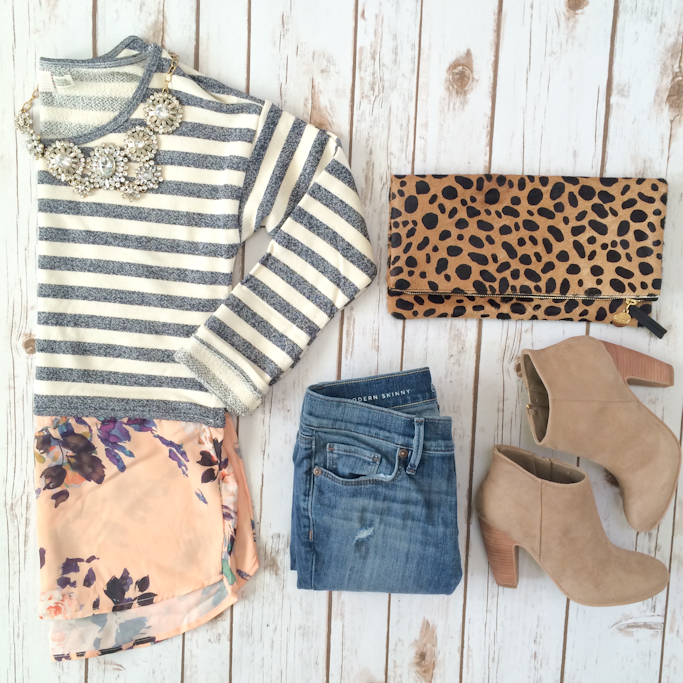 Anthropologie layered stripes sweater Loft modern petite jeans Nordstrom Rack Abound suede ankle booties Clare V leopard foldover clutch