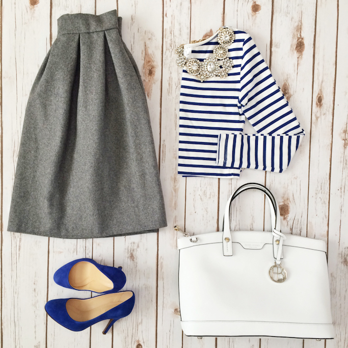 Grey pleated skirt Striped crop top Jcrew blue suede pumps Henri Bendel west 57th white satchel Ily couture opera bib necklace