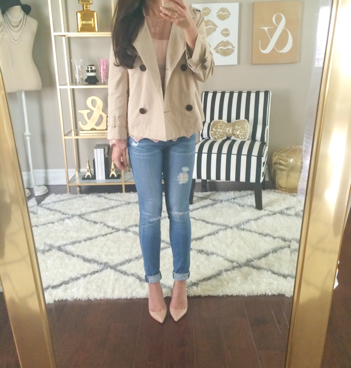 Forever 21 cropped trench coat pink lace mesh top AG distressed super skinny jeans nude louboutin pumps