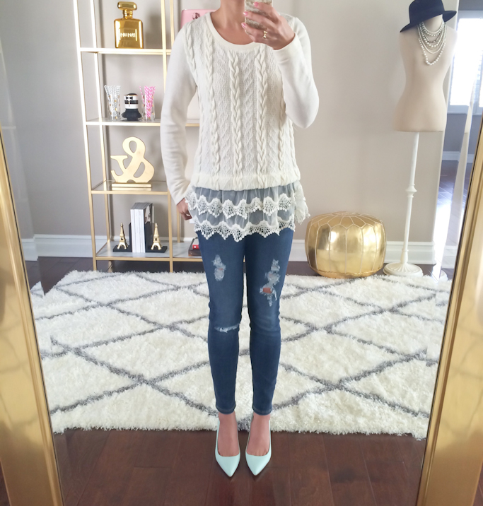Anthropologie lace dipped pullover sweater AG distressed stevie ankle petite jeans Jcrew elsie mint leather pumps